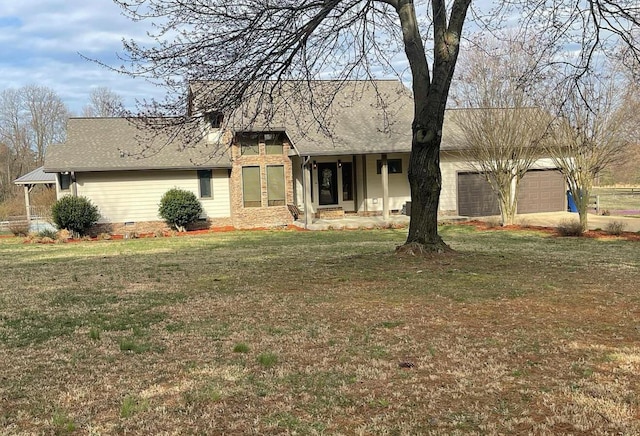 ranch-style house with a garage, a front yard, and crawl space