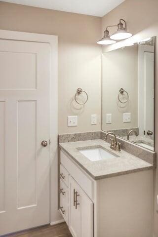 bathroom featuring wood finished floors and vanity