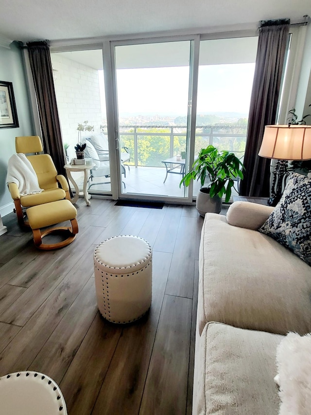 living area featuring hardwood / wood-style floors and floor to ceiling windows