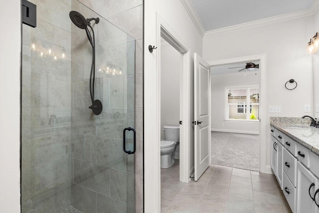 1571 Whisper Winds Ln Unit 42, Ooltewah, TN 37363 - full bathroom with a shower stall, ornamental molding, vanity, and a ceiling fan