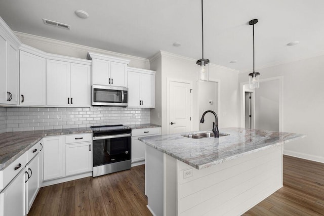 1571 Whisper Winds Ln Unit 42, Ooltewah, TN 37363 - kitchen featuring stainless steel appliances, dark wood-type flooring, white cabinets, tasteful backsplash, and ornamental molding