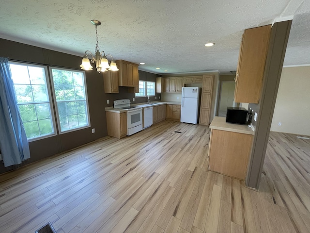 417 Chester St, Athens, TN 37303 - kitchen featuring light wood finished floors, a sink, a textured ceiling, white appliances, and light countertops