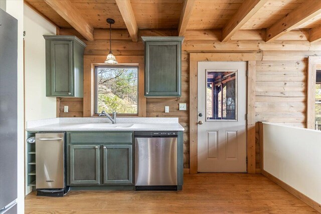 159 Eagle Creek Trl, Rising Fawn, GA 30738 - kitchen featuring stainless steel dishwasher, a sink, beam ceiling, wood ceiling, and light wood-style flooring