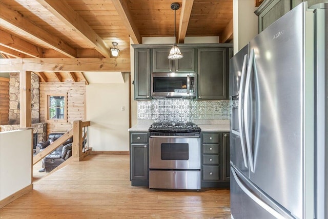159 Eagle Creek Trl, Rising Fawn, GA 30738 - kitchen with beam ceiling, backsplash, light wood-style floors, wood ceiling, and appliances with stainless steel finishes