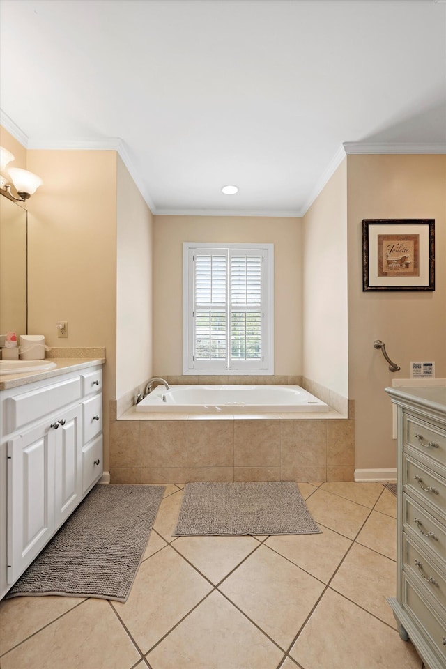 full bathroom with a bath, crown molding, vanity, and tile patterned floors