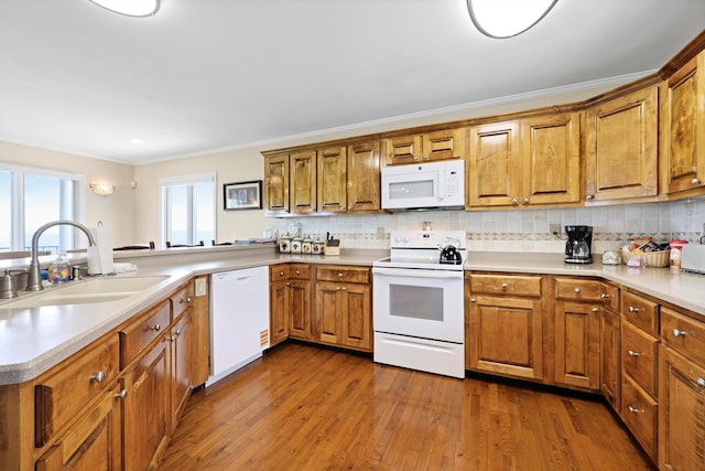 kitchen featuring a sink, brown cabinets, decorative backsplash, white appliances, and dark wood-type flooring
