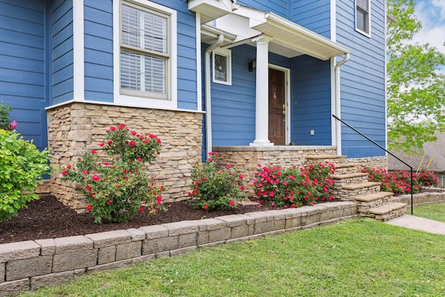 view of exterior entry with a lawn and stone siding