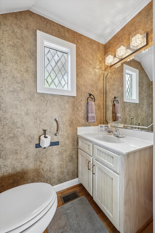 half bath with toilet, visible vents, baseboards, wood finished floors, and vanity