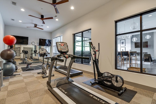 gym with ceiling fan, carpet flooring, visible vents, and recessed lighting
