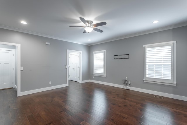 229 Courtland Crest Dr SW, Cleveland, TN 37311 - spare room with ceiling fan, crown molding, baseboards, dark wood-style floors, and recessed lighting