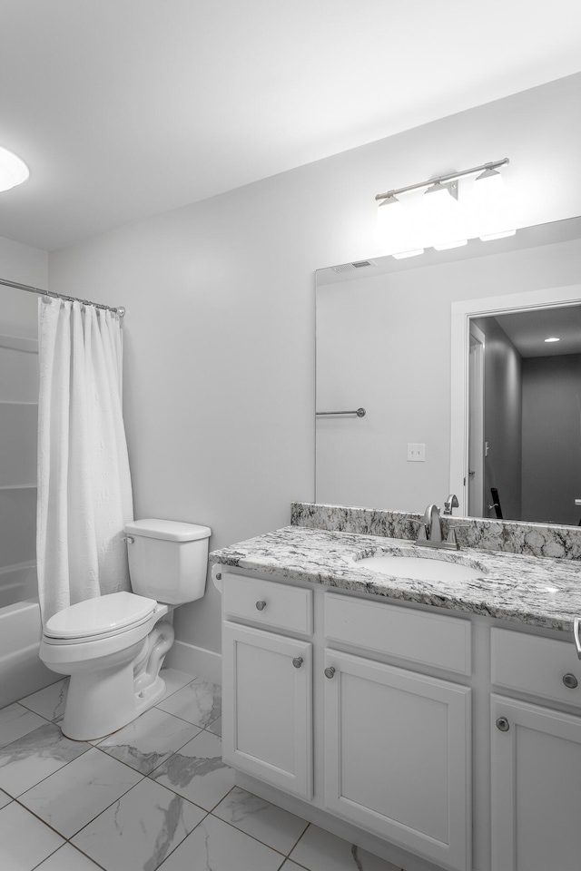 229 Courtland Crest Dr SW, Cleveland, TN 37311 - full bathroom featuring toilet, marble finish flooring, vanity, and shower / tub combo with curtain