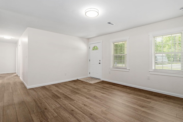 foyer entrance featuring baseboards, a healthy amount of sunlight, and wood finished floors