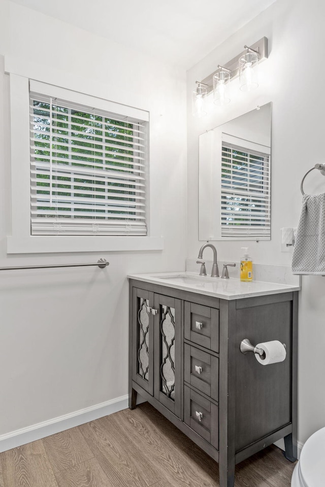 bathroom featuring toilet, baseboards, wood finished floors, and vanity