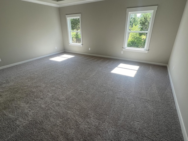 carpeted empty room with baseboards and ornamental molding