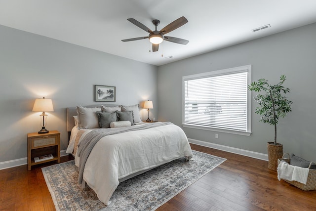 3495 Travertine Ln, Chattanooga, TN 37405 - bedroom with dark wood-style flooring, visible vents, a ceiling fan, and baseboards
