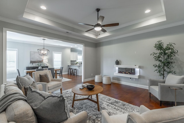 3495 Travertine Ln, Chattanooga, TN 37405 - living area with a wealth of natural light, wood finished floors, ceiling fan, and a tray ceiling