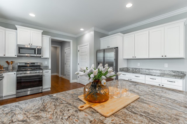 3495 Travertine Ln, Chattanooga, TN 37405 - kitchen featuring light stone countertops, white cabinets, stainless steel appliances, and dark wood finished floors