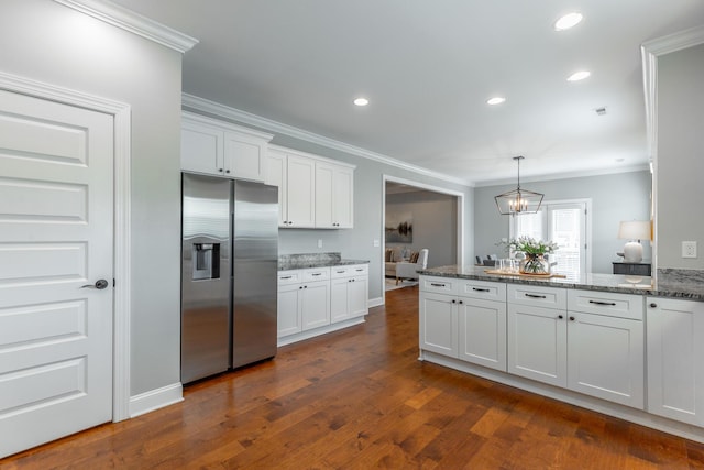 3495 Travertine Ln, Chattanooga, TN 37405 - kitchen featuring dark wood-style floors, white cabinets, stainless steel refrigerator with ice dispenser, and crown molding