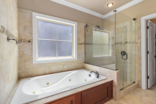 8209 Robertsview Dr, Ooltewah, TN 37363 - full bath with crown molding, a shower stall, a whirlpool tub, and tile patterned floors