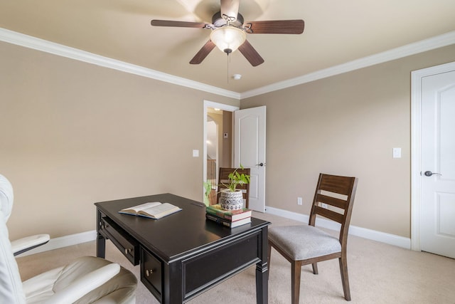 8209 Robertsview Dr, Ooltewah, TN 37363 - office featuring ornamental molding, ceiling fan, light colored carpet, and baseboards