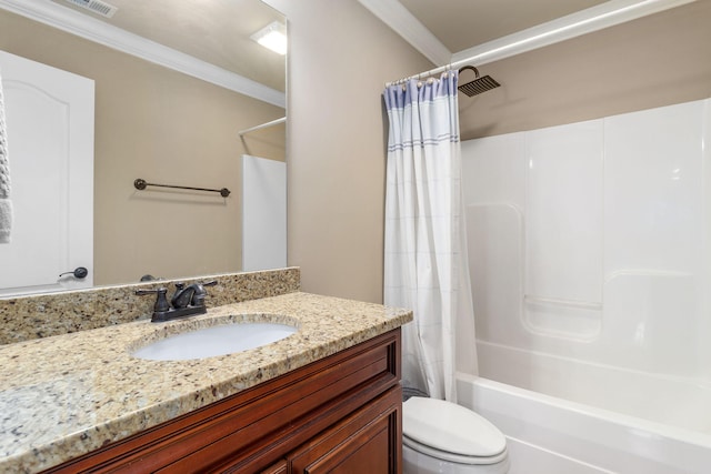 8209 Robertsview Dr, Ooltewah, TN 37363 - bathroom featuring vanity, shower / tub combo with curtain, toilet, and crown molding