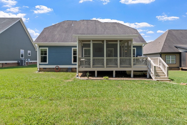 8209 Robertsview Dr, Ooltewah, TN 37363 - rear view of house with roof with shingles, a sunroom, a yard, and central AC unit