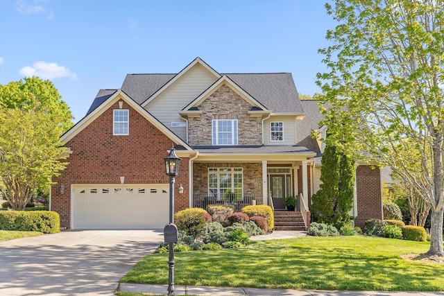 view of front of property with covered porch, driveway, a front yard, brick siding, and a shingled roof