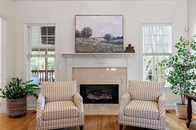 living area featuring wood finished floors, a healthy amount of sunlight, and a fireplace