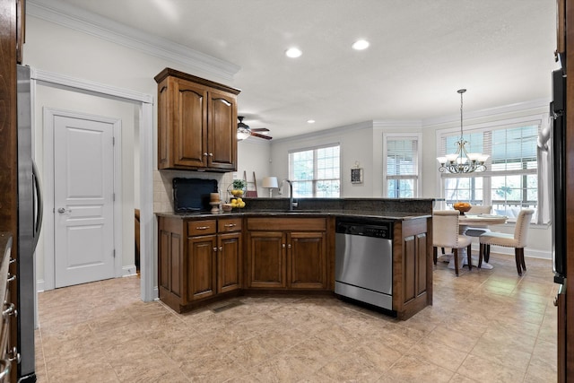 kitchen featuring stainless steel dishwasher, crown molding, a peninsula, recessed lighting, and a sink