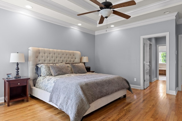 bedroom featuring crown molding, recessed lighting, baseboards, and light wood-type flooring