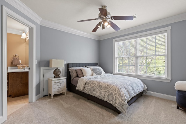bedroom featuring baseboards, ornamental molding, carpet, and multiple windows