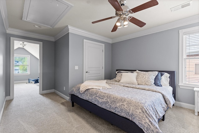 bedroom featuring baseboards, light carpet, attic access, and visible vents