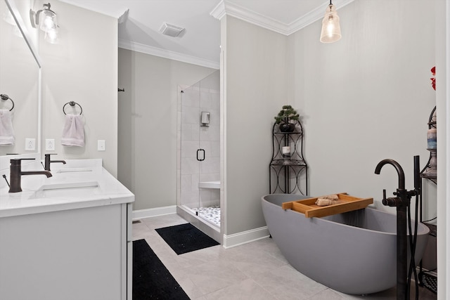 7407 Pond Vw, Harrison, TN 37341 - bathroom with visible vents, ornamental molding, baseboards, a shower stall, and a sink