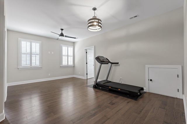 7407 Pond Vw, Harrison, TN 37341 - exercise room with ceiling fan, visible vents, baseboards, and dark wood-type flooring