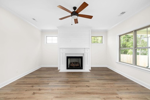 370 Winchester Dr Unit 70, Rossville, GA 30741 - unfurnished living room with crown molding, healthy amount of natural light, a ceiling fan, a fireplace, and wood finished floors