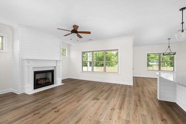 370 Winchester Dr Unit 70, Rossville, GA 30741 - unfurnished living room with ceiling fan, wood finished floors, a fireplace with flush hearth, and ornamental molding
