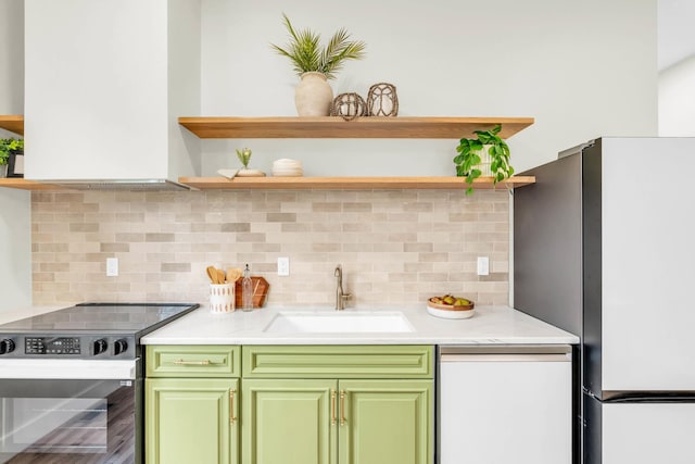 5107 Beulah Ave, Chattanooga, TN 37409 - kitchen featuring open shelves, electric stove, a sink, green cabinetry, and freestanding refrigerator