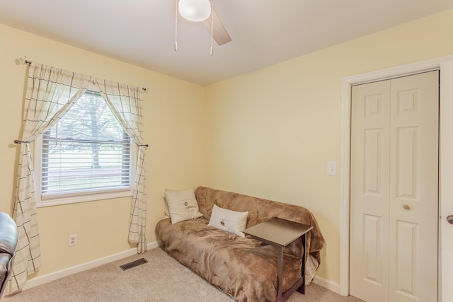 2031 Millard Rd, Soddy Daisy, TN 37379 - living area featuring carpet flooring, a ceiling fan, visible vents, and baseboards