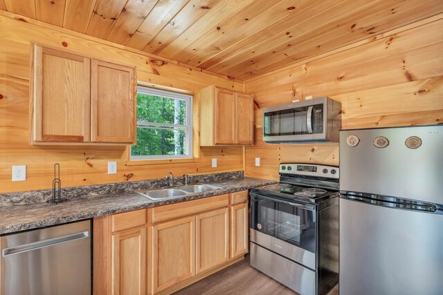 144 Hambright Rd, Reliance, TN 37369 - kitchen featuring a sink, stainless steel appliances, light wood-type flooring, light brown cabinetry, and dark countertops