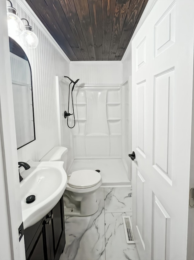 1157 Boy Scout Rd, Hixson, TN 37343 - bathroom featuring a shower, marble look tiles, vanity, and wood ceiling