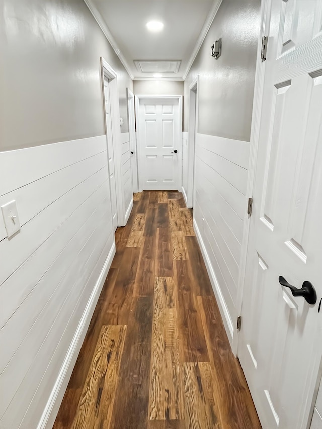 1157 Boy Scout Rd, Hixson, TN 37343 - hall with dark wood finished floors, attic access, crown molding, and wainscoting