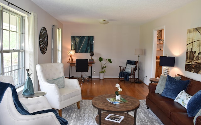 living room featuring wood finished floors and baseboards