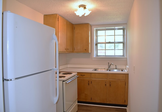 kitchen featuring a textured ceiling, white appliances, light countertops, and a sink