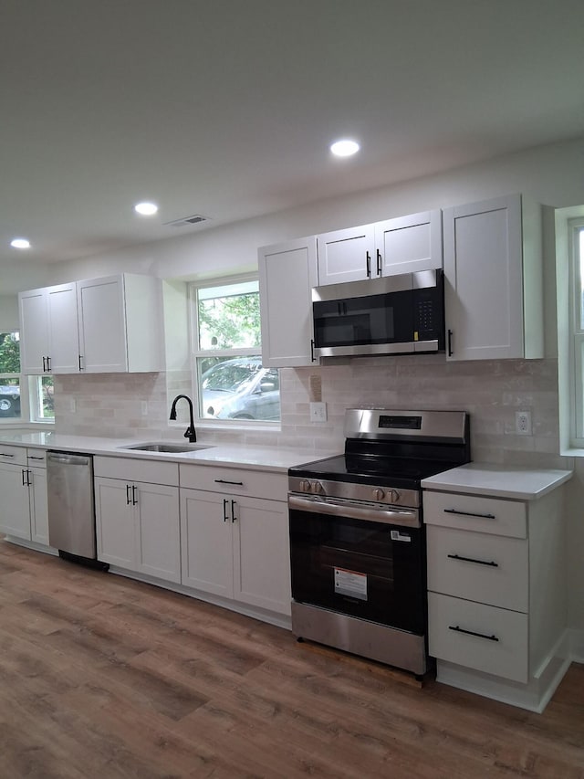 1302 Peter Pan Rd, Lookout Mountain, GA 30750 - kitchen featuring appliances with stainless steel finishes, a sink, white cabinets, healthy amount of natural light, and recessed lighting