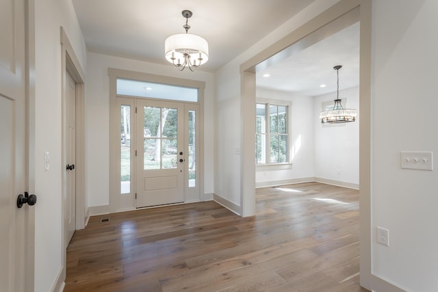460 Spring Dr, Signal Mountain, TN 37377 - foyer entrance featuring baseboards, recessed lighting, a notable chandelier, and wood-type flooring