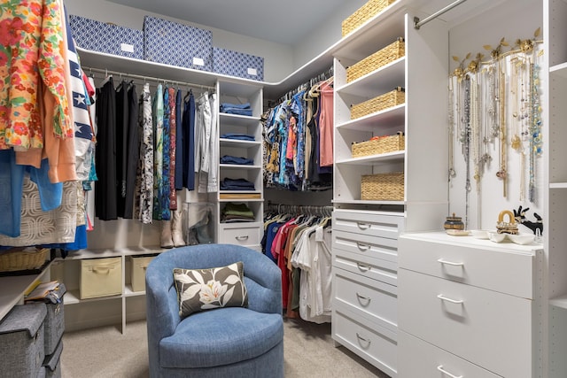 walk in closet with light carpet