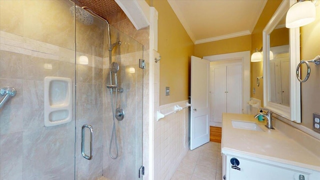 159 Gardner St, Chattanooga, TN 37411 - bathroom with tile patterned flooring, ornamental molding, a stall shower, and tile walls