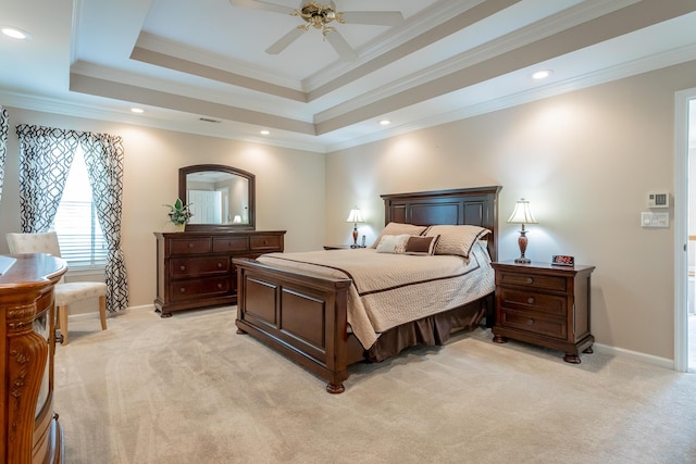 bedroom with crown molding, recessed lighting, baseboards, and light carpet