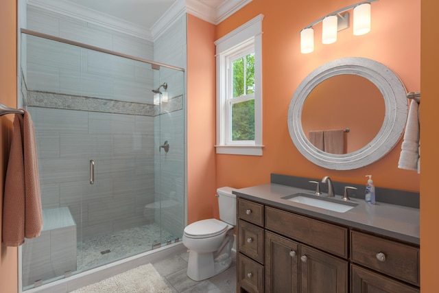 2419 Welch Rd, Soddy Daisy, TN 37379 - bathroom with vanity, toilet, ornamental molding, and a stall shower
