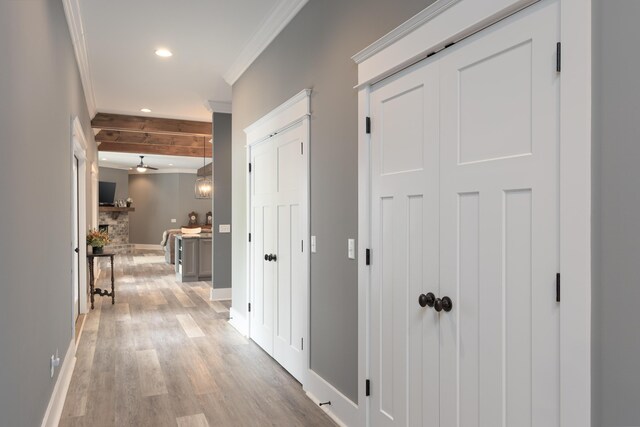 2419 Welch Rd, Soddy Daisy, TN 37379 - hall featuring beam ceiling, baseboards, ornamental molding, recessed lighting, and light wood-style flooring